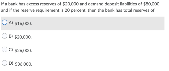 If a bank has excess reserves of $20,000 and demand deposit liabilities of $80,000, and if the reserve requirement is 20 perc