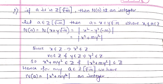 a is in zm then N(a).1 an ntge et az[-m] then Mhere mZ a +x2pmy2f_ Soce me z 4 yez yz So my Henca -for any aezlm NCa] x*tmy w