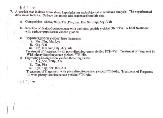 7. A peptide was isolated from sheep hypothalamus and subjected to sequence analysis. The experimental data are as follows. D