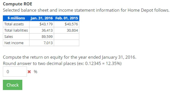 Compute ROE Selected balance sheet and income statement information for Home Depot follows. $ millions Jan. 31, 2016 Feb. 01,