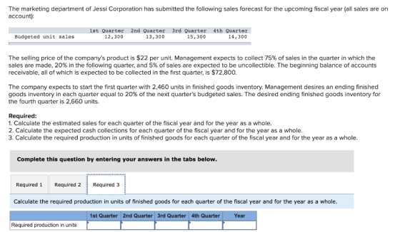 The marketing department of Jessi Corporation has submitted the following sales forecast for the upcoming fiscal year (all sa