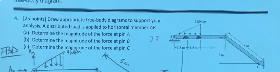 ee-00dy dlagram 4. 125 points] Draw appropriate free-body diagrams to support your analysis. A distributed load is applied to