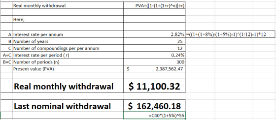 PVA:([1-(1(1+r)An)] r) Real monthly withdrawal Here, 2.82%(1+(1+8%)(1+5%)-1)^(1/12)-1)*12 A Interest rate per annum B Number