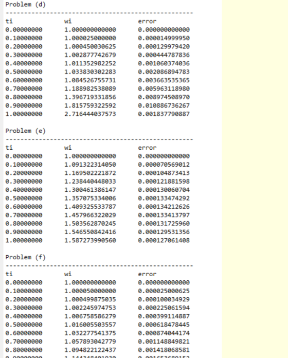 Problem (d) ti 0.00000000 0.10000000 0.20000000 0.30000000 0.40000000 0.50000000 0.60000000 0.70000000 0.80000000 0.90000000