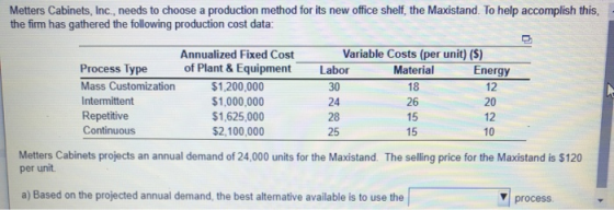 Metters Cabinets, Inc, needs to choose a production method for its new office shelf, the Maxistand. To help accomplish this t