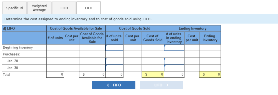 Specific Id Weighted Average FIFO LIFO Determine the cost assigned to ending inventory and to cost of goods sold using LIFO.