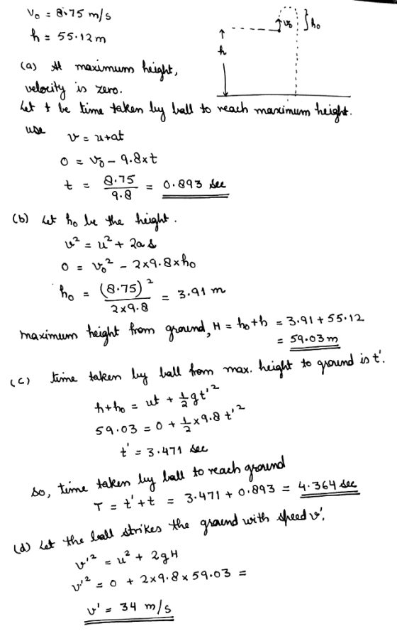 V. - 8-15 m/s h 55.12 m (a) Jt maxumumm velocity zero. 9.8 ћ, - (8.75). 9.8 3.91 m H toth = 3.91+55·12 59.03m graund with shedvi