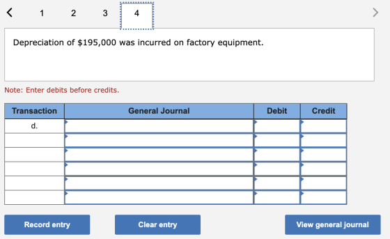1 2 3 4 Depreciation of $195,000 was incurred on factory equipment. Note: Enter debits before credits. Transaction General Jo