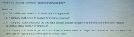 Which of the following statements regarding goodwill is false? Select one: a. Goodwill is never amortized for financial repor