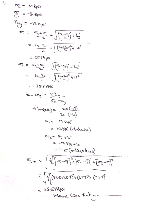 o = 20 kasi y = -30kpsi Phy = -18 kpsi ༠= མཱདྷ ཝསུ ཎ པ》 ,- - - = 25.8 kpsi G = Getry - Seorang = 20720 - [142]+ig? 3-35.8 Kps