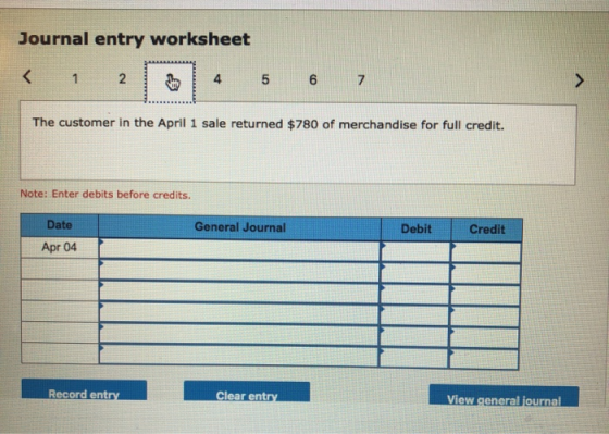 Journal entry worksheet < 1 2 4 5 6 7 The customer in the April 1 sale returned $780 of merchandise for full credit. Note: En