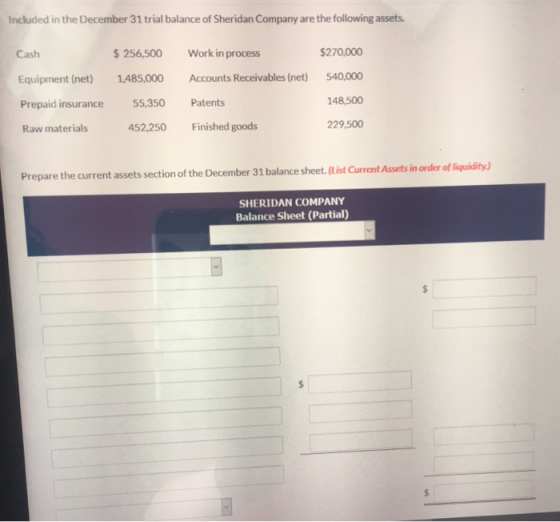 Included in the December 31 trial balance of Sheridan Company are the following assets. Cash $270,000 $ 256,500 1,485,000 55,