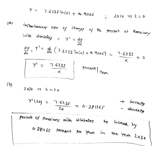 Y = 7-6233 10 (x) + 4.9006 : 2010=) ZID a income instantaneous rate of change of the percent of Americans with diabetes = y