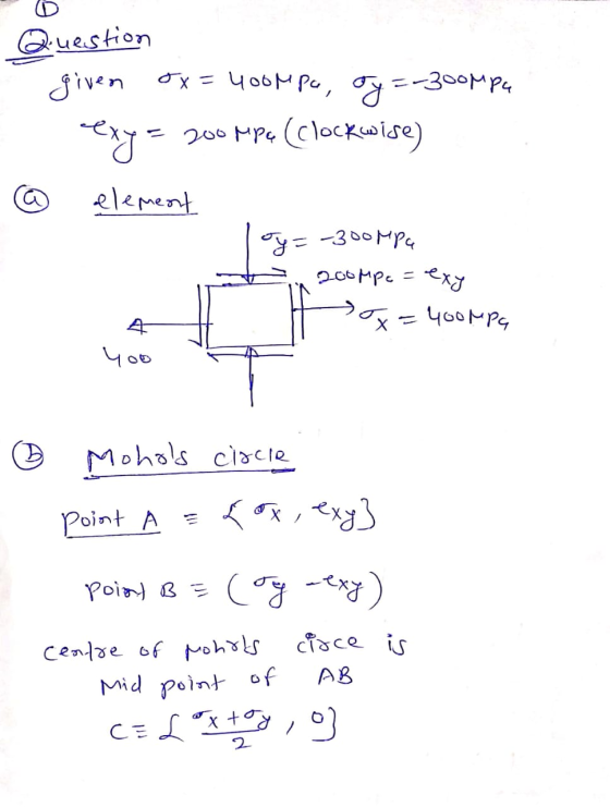 Question ѕivеn еx = Чобре, а=3soMP4 exy = 200 Mp¢ (Clockwise) 6 element =-300Mpa din 2004 pe=exy x=400Mpa you * ☺ Mohols cicl