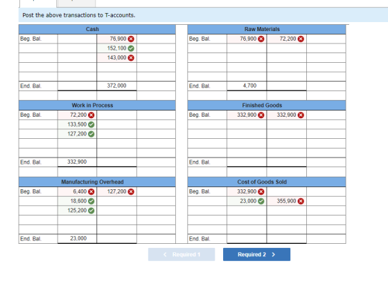 Post the above transactions to T-accounts. Cash Raw Materials 76,900 72,200 Beg. Bal. Beg. Bal. 76,900 X 152, 100 143,000 End