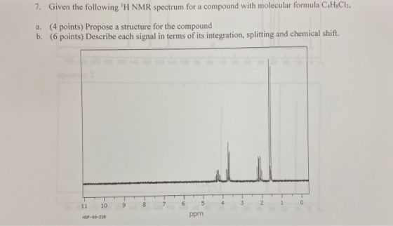 7. Given the following H NMR spectrum for a compound with molecular formula C:HgCl2, a. (4 points) Propose a structure for t
