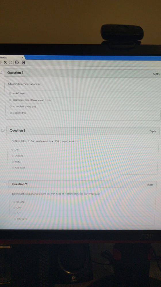 anvas A Question 7 5 pts A binary heaps structure is an AVL tree a particular case of binary search tree a complete binary t