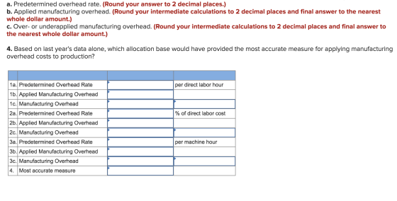 a. Predetermined overhead rate. (Round your answer to 2 decimal places.) b. Applied manufacturing overhead. (Round your inter