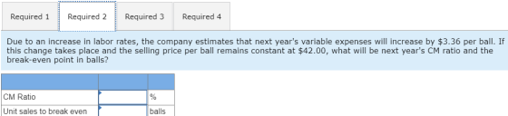 Required 1 Required 2 Required 3 Required 4 Due to an increase in labor rates, the company estimates that next years variabl