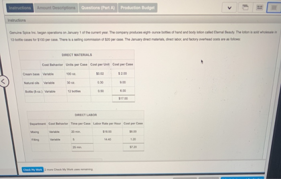 Instructions Amount Descriptions Questions (Part A) Production Budget Instructions Genuine Spice Inc. began operations on Jan