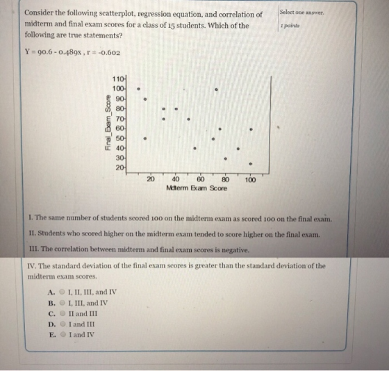 Consider the following scatterplot, regression equation, and correlation of midterm and final exam scores for a class of 15 students. Which of the following are true statements? Select one answer ı points Y ะ 90.6-0.489x , r -0.602 110 100 90 80 , 5어 2 20 40 60 80 100 Mdterm Exam Score I. The same number of students scored 100 on the midterm exam as scored 100 on the final exam. II. Students who scored higher on the midterm exam tended to score higher on the final exam. III. The correlation between midterm and final exam scores is negative IV. The standard deviation of the final exam scores is greater than the standard deviation of the midterm exam scores. A. I, II, III, and IV B. I, III, and IV C. II and III D. I and III E. I and IV