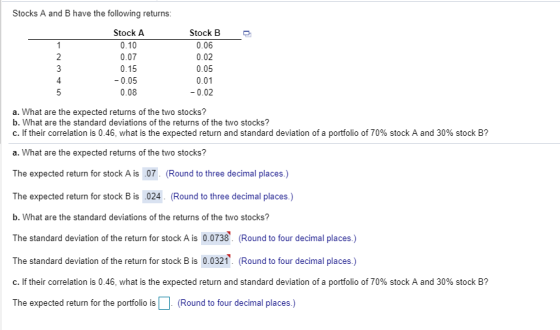 Stocks A and B have the following returns Stock A 0.10 0.07 0.15 -0.05 0.08 Stock B 0.06 0.02 0.05 0.01 -0.02 4 a. What are the expected returns of the two stocks? b. What are the standard deviations of the returns of the two stocks? c. If their correlation is 0.46, what is the expected return and standard deviation of a portfolio of 70% stock A and 30% stock B? a. What are the expected returns of the two stocks? The expected return for stock A is .07. (Round to three decimal places.) The expected return for stock B is .024 (Round to three decimal places.) b. What are the standard deviations of the returns of the two stocks? The standard deviation of the return for stock A is 0.0738. (Round to four decimal places.) The standard deviation of the return for stock B is 0.0321. (Round to four decimal places.) c. If their correlation is 0.46, what is the expected return and standard deviation of a portfolio of 70% stock A and 30% stock B? The expected return for the portfolio is(Round to four decimal places.)