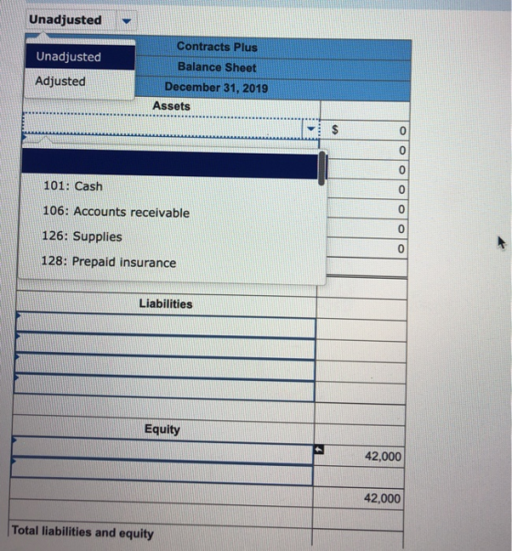 Unadjusted Contracts Plus Unadjusted Adjusted Balance Sheet December 31, 2019 Assets $ 0 0 0 101: Cash 0 0 0 106: Accounts re