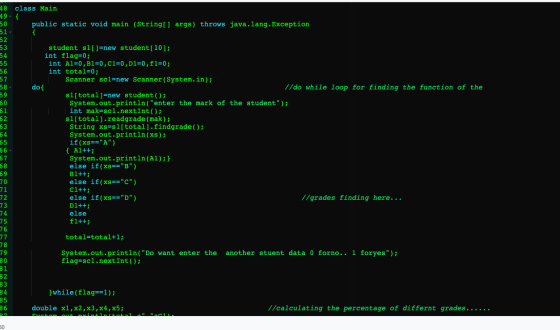 48 class Main 50 public static void main (String[] args) throws java.lang. Exception 58 do{ 60 64 student s1||=new student[10