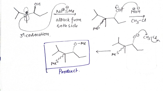 OH NaSme NaH attack foem oth sicu сHa-C mas 30-cartocation -Me Product