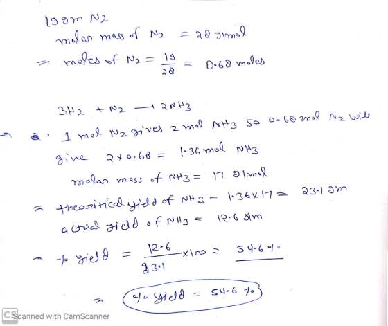 19om N2 malas mass of N2 a moles of N = = 28 gimol = 0.68 miles 28 n a 3H2 + N2 2013 1 mol Nz gives a mol NH3 so oo 60 mol ni