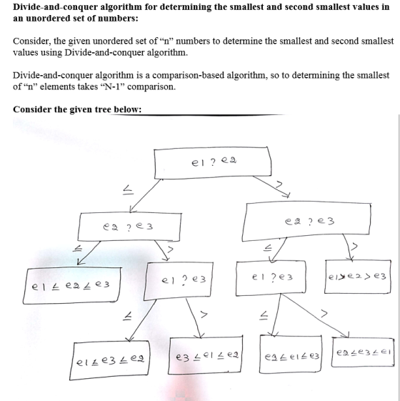 Divide-and-conquer algorithm for determining the smallest and second smallest values in an unordered set of numbers: Consider, the given unordered set of n numbers to determine the smallest and second smallest values using Divide-and-conquer algorithm Divide-and-conquer algorithm is a comparison-based algorithm, so to determining the smallest of n elements takes N-1 comparison Consider the given tree below: ㄥ 9 ㄥ