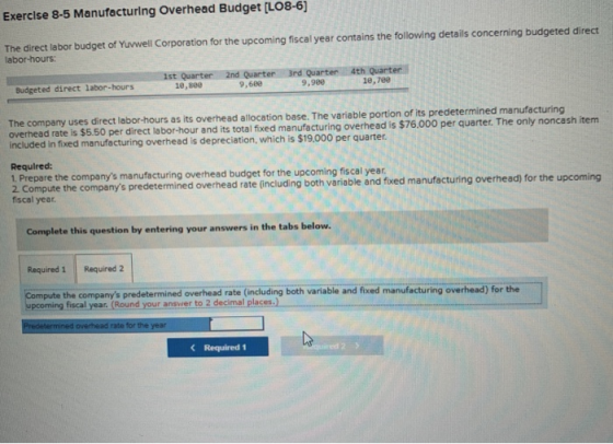 Exercise 8-5 Manufacturing Overhead Budget [LO8-6] | The direct labor budget of Yuvwell Corporation for the upcoming fiscal y
