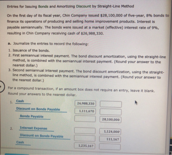 Entries for Issuing Bonds and Amortizing Discount by Straight-Line Method On the first day of its fiscal year, Chin Company i
