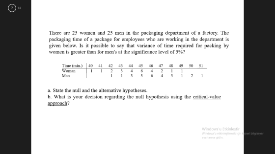 There are 25 women and 25 men in the packaging department of a factory. The packaging time of a package for employees who are working in the department is given below. Is it possible to say that variance of time required for packing by women is greater than for mens at the significance level of 5%? Time (min 40 Woman Man 42 43 44 45 46 47 48 49 50 51 1 1 2 3 464 21 a. State the null and the alternative hypotheses. b. What is your decision regarding the null hypothesis using the critical-value approach? Windowsu Etkinleştir Windowsu etkinleştirmek için ayarlanina gidin. şisel bilgisayar