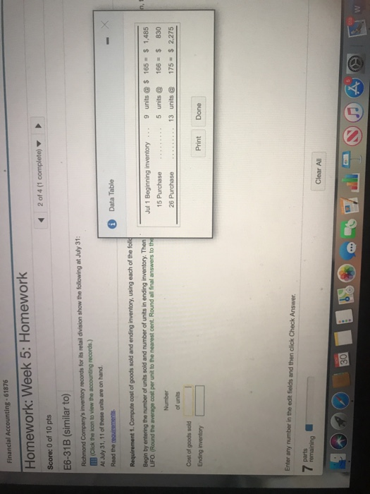 Financial Accounting - 61876 Homework: Week 5: Homework 2 of 4 (1 complete) Score: 0 of 10 pts E6-31B (similar to) Richmond C