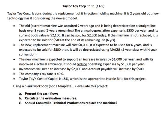 Taylor Toy Corp Ch 11 (11-9) Taylor Toy Corp. is considering the replacement of it injection molding machine. It is 2 years o