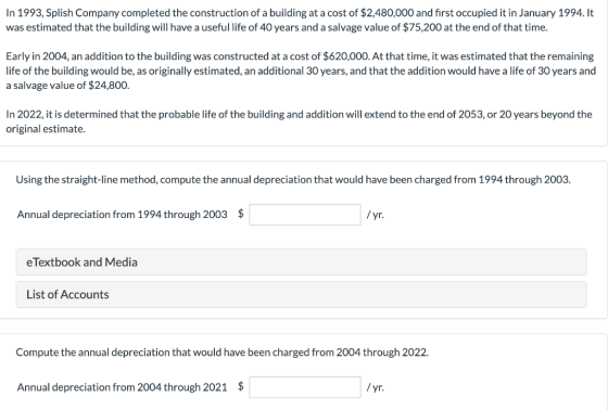 In 1993, Splish Company completed the construction of a building at a cost of $2,480,000 and first occupied it in January 199
