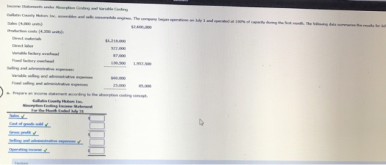 i se the results for Income Statements under Absorption Conting and Variable Casting in County Motors Inc. assemblies and sno