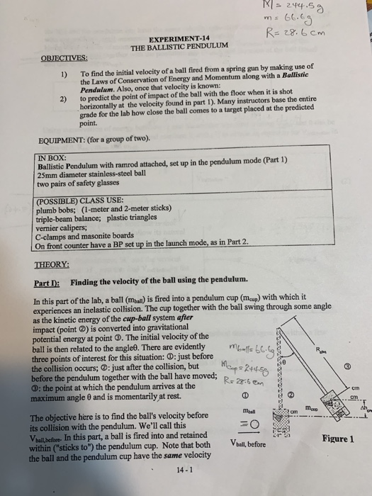 ms 66. EXPERIMENT-14 THE BALLISTIC PENDULUM QBJECTIVES 1) 2) To find the initial velocity of a ball fired from a spring gun b