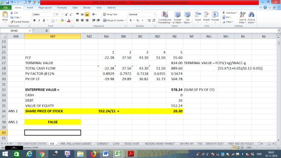 NPV, IRR, PBP,OCFINDEX - Microsoft Excel (Product Activation Failed) View Add-Ins File Home Insert Page Layout Formulas Data