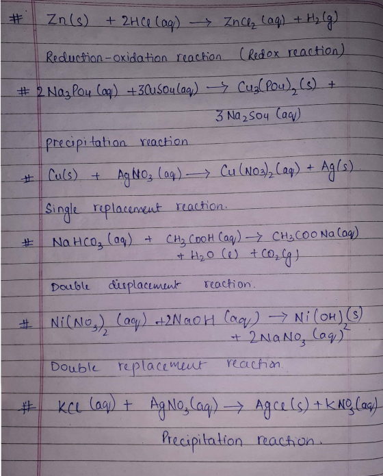 # Zn(s) + 2H 6 (aq) → ZnCl2 (aq) + H₂(g) Reduction - oxidation reaction (Redox reaction) # 2 Naz Pou (aq) + 3Cusoulag) - Cuz(