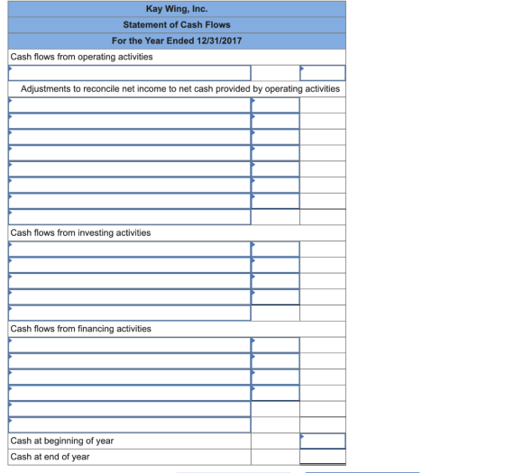 Kay Wing, Inc. Statement of Cash Flows For the Year Ended 12/31/2017 Cash flows from operating activities Adjustments to reco