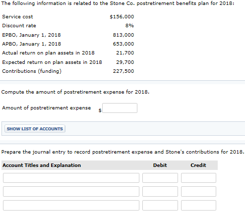 The following information is related to the Stone Co. postretirement benefits plan for 2018: Discount rate ????, January 1, 2018 APBO, January 1, 2018 Actual return on plan assets in 2018 Expected return on plan assets in 2018 Contributions (funding) $156,000 8% 813,000 653,000 21,700 29,700 227,500 ompute the amount of postretirement expense for Amount of postretirement expense SHOW LIST OF ACCOUNTS Prepare the journal entry to record postretirement expense and Stones contributions for 2018. Account Titles and Explanation Debit Credit