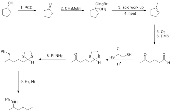 OH OMgBr 3. acid work up 1. PCC 2. CH3MgBr CH3 4. heat 5. O3 6. DMS 7 Ph N 8. PHNH2 S. HS HS H H H H* 9. H2, Ni Ph NH sエ