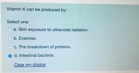 Vitamin K can be produced by: Select one: O a. Skin exposure to ultraviolet radiation. O b. Exercise. O c. The breakdown of p