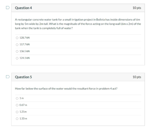 Question 4 10 pts A rectangular concrete water tank for a small irrigation project in Bolivia has inside dimensions of om lon