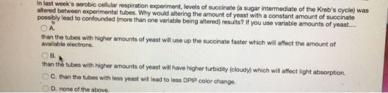 In last weeks aerobic cellular respiration experiment, levels of succinate (a sugar inte altered between experimental tubes. Why would altering the a mount of yeast with a constant amount of succinate possibly lead to confounded (more than one variable being altered) results? If you use variable amounts of yeast... OA. than the tubes with higher amounts of yeast will use up the succinate faster which willaffect the amount of available electrons. than the tubes with higher amounts of yeast will have higher turbidity (cloudy) which will affect light absorption. O C. than the tubes with less yeast will lead to less DPIP color change. OD. none of the above.