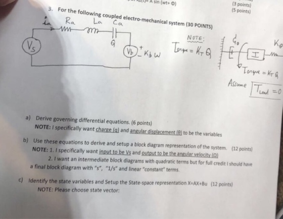 (3 points) 5 points) estpe A sin (wt+ a) 3. For the following coupled electro-mechanical system (30 POINTS) NOTE Lond0 Derive governing differential equations. (6 points) NOTE: I specifically want charge (a) and angular displacement (9) to be the variables Use these equations to derive and setup a block diagram representation of the system. NOTE: 1. I specifically want input to be Vs and output to be the angular velocity (O) a final block diagram with s, 1/s and linear constant terms. a) b) (12 points) 2. I want an intermediate block diagrams with quadratic terms but for full credit I should have c) Identify the state variables and Setup the State space representation X-AX Bu (12 points) NOTE: Please choose state vector