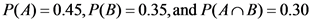 P(A)=0.45,P(B)=0.35, and P(An B)=0.30
