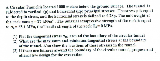 A Circular Tunnel is located 1000 meters below the ground surface. The tunnel is subjected to vertical (p) and horizontal (kp) principal stresses. The stress p is equal to the depth stress, and the horizontal stress is defined as 0.28p. The unit weight of the rock mass γ = 27 kN/m. The uniaxial compressive strength of the rock is equal to σ.-63.1 MPa, the Tensile strength of the rock T,-0 MPa. (1) Plot the tangential stress σ00 around the boundary of the circular tunnel (2) What are the maximum and minimum tangential stresss at the boundary of the tunnel. Also show the locations of these stresses in the tunnel (3) If there are failures around the boundary of the circular tunnel, propose and alternative design for the excavation.